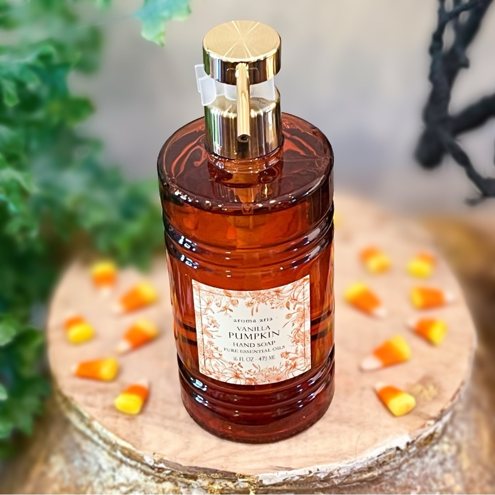 NEW Aroma Aria Vanilla Pumpkin Hand Soap Large Amber Glass Pump Bottle 16 OZ - Picture 5 of 10